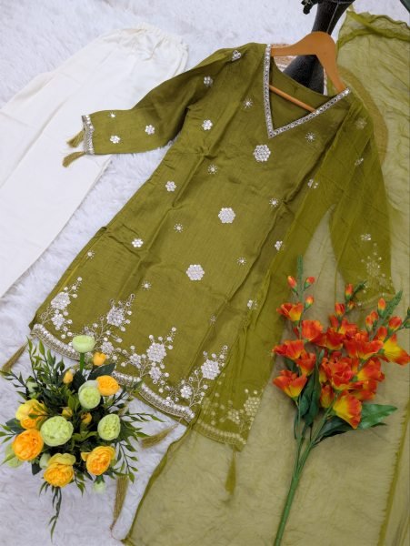 Dazzling Green Kurti Pant Dupatta Set with Sequence Embroidery Work Ready To Wear Collection