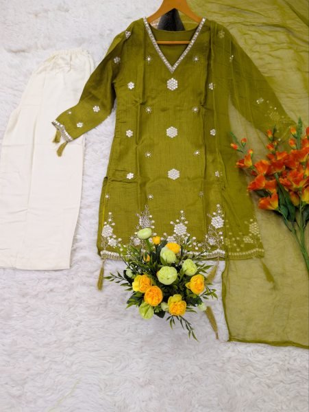 Dazzling Green Kurti Pant Dupatta Set with Sequence Embroidery Work Ready To Wear Collection