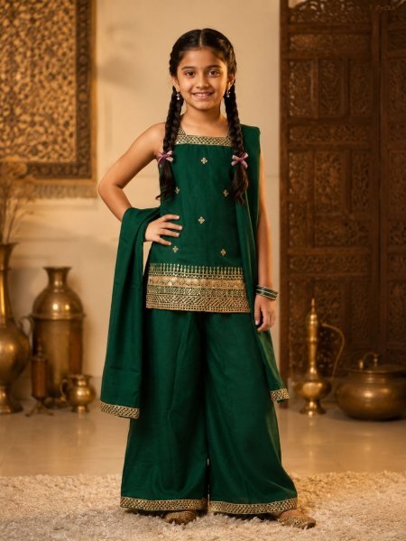 Dazzling Green Premium Girls Festive Wear Top Palazzo Dupatta Set Kurtis