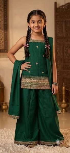 Dazzling Green Premium Girls Festive Wear Top Palazzo Dupatta Set Girls Wear