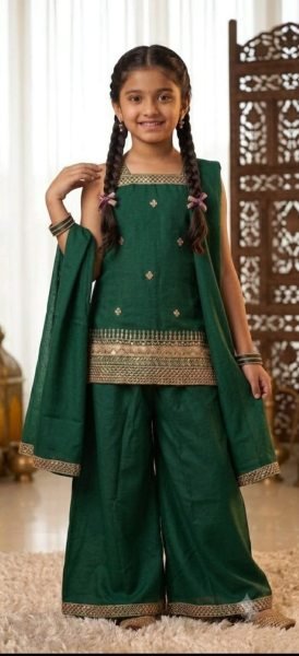 Dazzling Green Premium Girls Festive Wear Top Palazzo Dupatta Set Girls Wear
