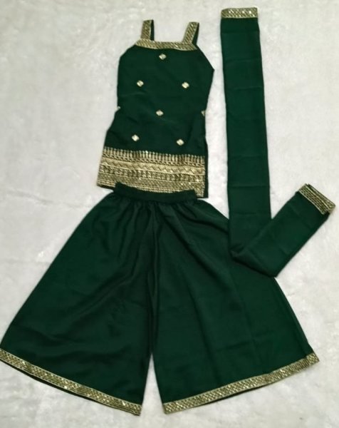Dazzling Green Premium Girls Festive Wear Top Palazzo Dupatta Set Girls Wear