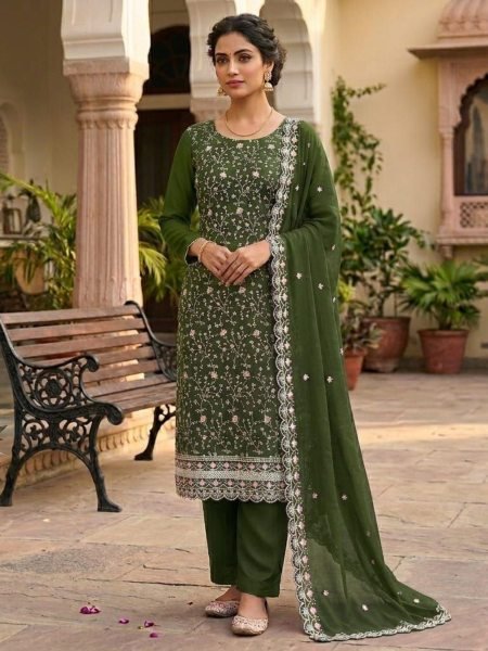 Dazzling Green Royal Vichitra Silk Dress Material Set with Matching Embroidered Dupatta Dress Material 