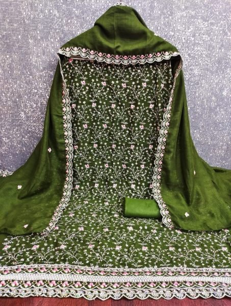 Dazzling Green Royal Vichitra Silk Dress Material Set with Matching Embroidered Dupatta Color Set Matching Dress Material Wholesale