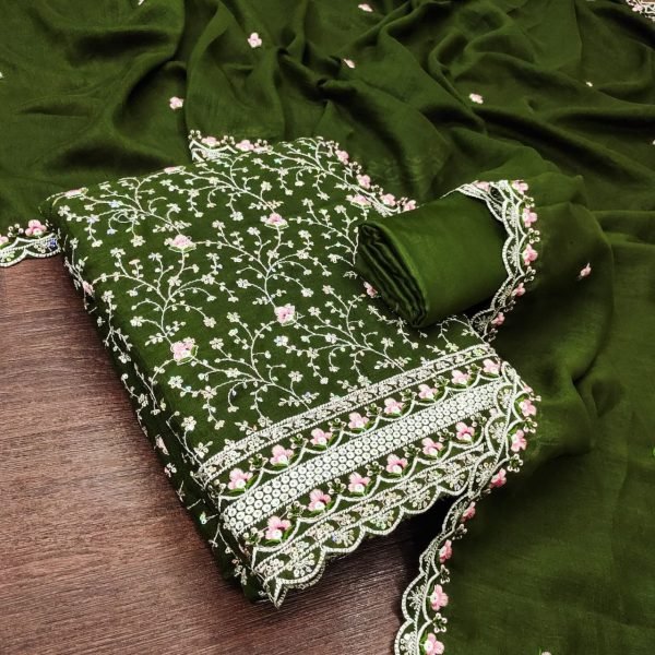 Dazzling Green Royal Vichitra Silk Dress Material Set with Matching Embroidered Dupatta Color Set Matching Dress Material Wholesale