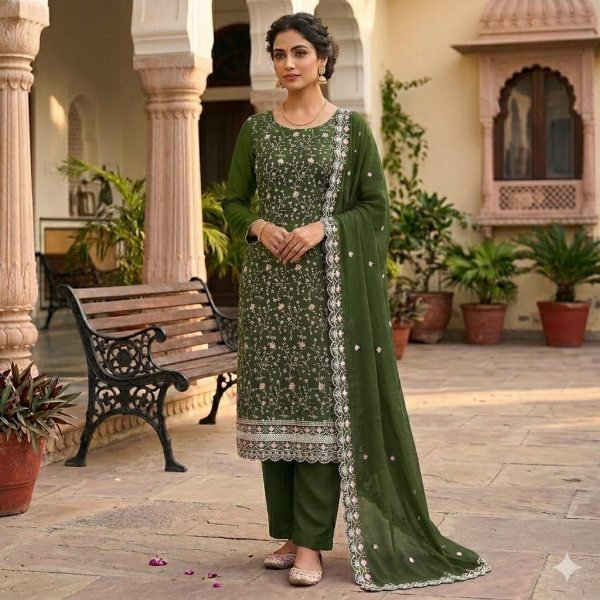 Dazzling Green Royal Vichitra Silk Dress Material Set with Matching Embroidered Dupatta Color Set Matching Dress Material Wholesale
