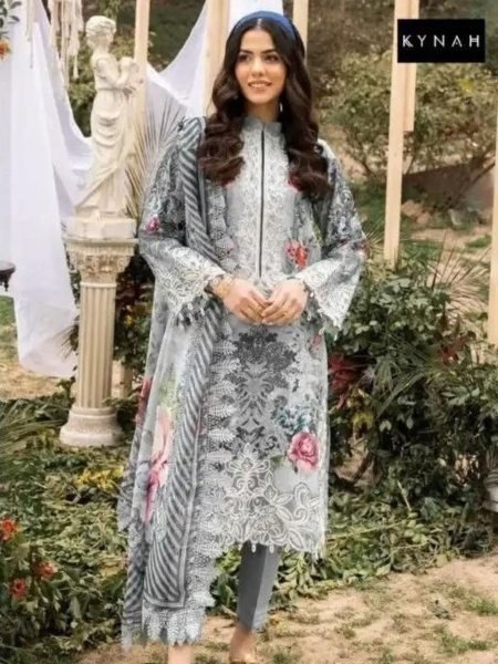 Dazzling Grey Pure Lawn Printed Suit Set with Embroidery Patches and Dupatta Salwar Kameez