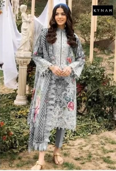 Dazzling Grey Pure Lawn Printed Suit Set with Embroidery Patches and Dupatta Pakistani Suits Wholesale