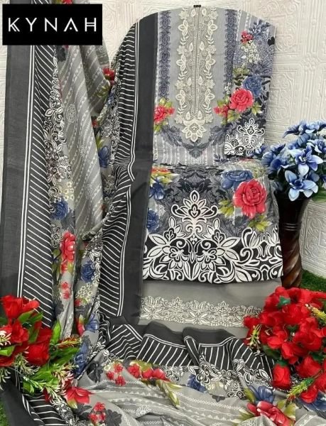 Dazzling Grey Pure Lawn Printed Suit Set with Embroidery Patches and Dupatta Pakistani Suits Wholesale