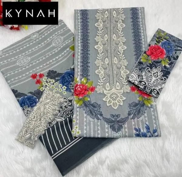 Dazzling Grey Pure Lawn Printed Suit Set with Embroidery Patches and Dupatta Pakistani Suits Wholesale