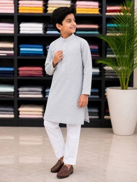 Dazzling Grey Stylish Kids Boys Silk Kurta Pyjama with Crossed Work for Navratri 