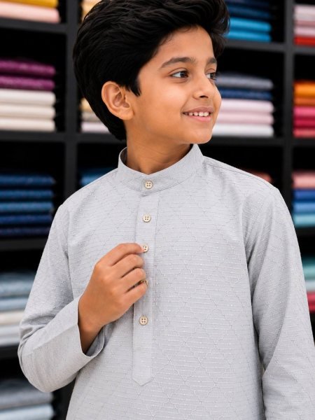 Dazzling Grey Stylish Kids Boys Silk Kurta Pyjama with Crossed Work for Navratri Boys Wear