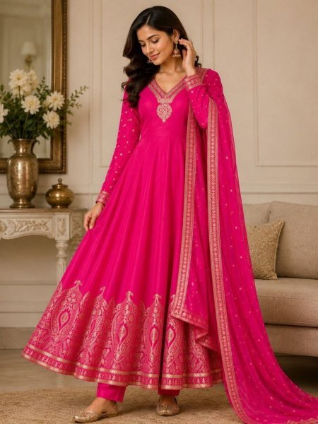 Dazzling Hot Pink Banarasi Jacquard Weaving Anarkali Gown with Pant and Dupatta Set Kurtis