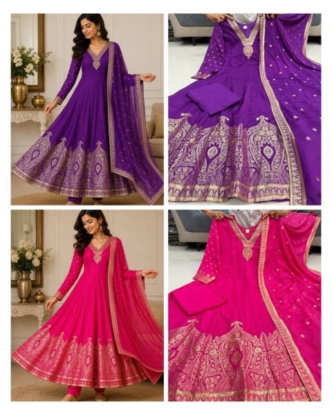 Dazzling Hot Pink Banarasi Jacquard Weaving Anarkali Gown with Pant and Dupatta Set Anarkali Kurtis 