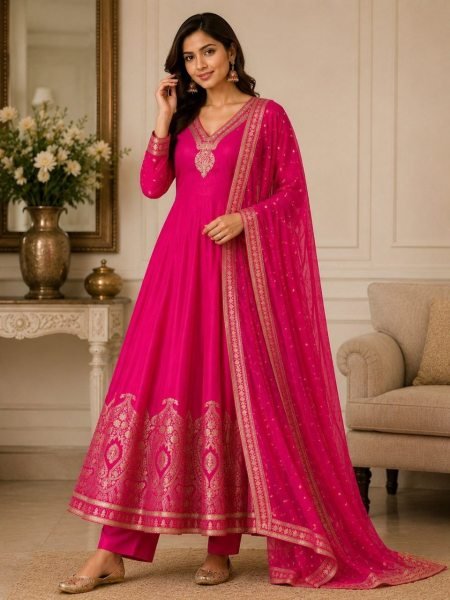 Dazzling Hot Pink Banarasi Jacquard Weaving Anarkali Gown with Pant and Dupatta Set Anarkali Kurtis 