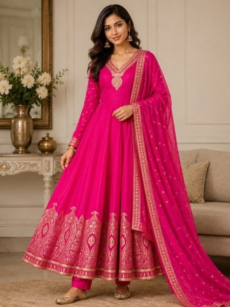 Dazzling Hot Pink Banarasi Jacquard Weaving Anarkali Gown with Pant and Dupatta Set Anarkali Kurtis 
