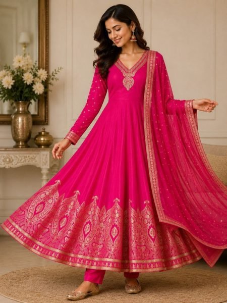 Dazzling Hot Pink Banarasi Jacquard Weaving Anarkali Gown with Pant and Dupatta Set Anarkali Kurtis 
