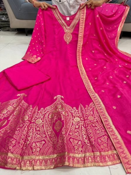 Dazzling Hot Pink Banarasi Jacquard Weaving Anarkali Gown with Pant and Dupatta Set Anarkali Kurtis 