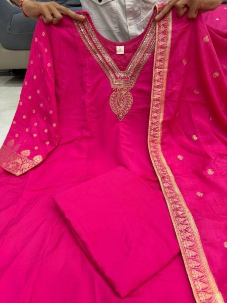 Dazzling Hot Pink Banarasi Jacquard Weaving Anarkali Gown with Pant and Dupatta Set Anarkali Kurtis 