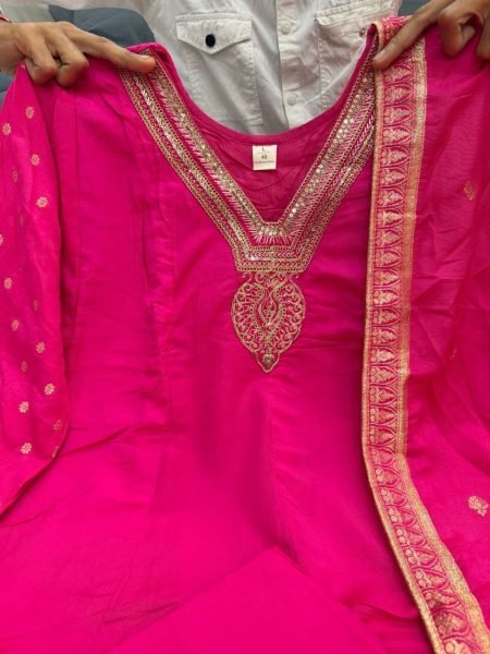 Dazzling Hot Pink Banarasi Jacquard Weaving Anarkali Gown with Pant and Dupatta Set Anarkali Kurtis 