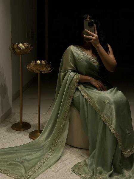 Dazzling Jime Chu Silk Saree with Heavy Hand Work and Sequins Embroidery Sarees 