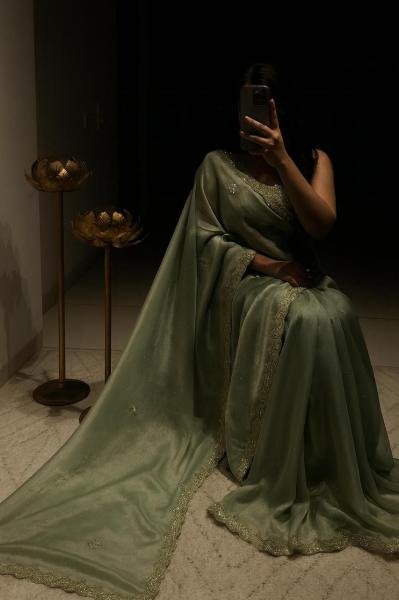 Dazzling Jime Chu Silk Saree with Heavy Hand Work and Sequins Embroidery Designer Wedding Sarees Wholesale