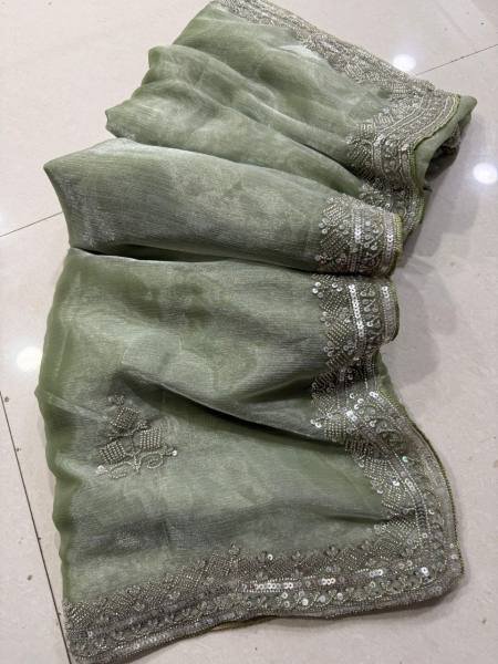 Dazzling Jime Chu Silk Saree with Heavy Hand Work and Sequins Embroidery Designer Wedding Sarees Wholesale