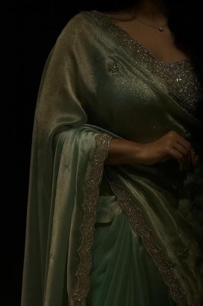 Dazzling Jime Chu Silk Saree with Heavy Hand Work and Sequins Embroidery Designer Wedding Sarees Wholesale