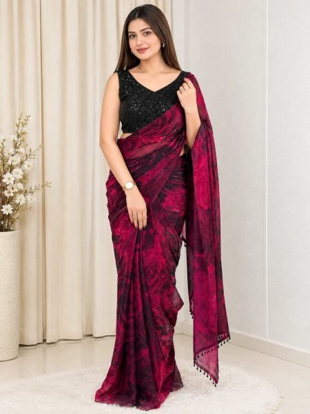 Dazzling Maroon Fandy Satin Saree with Floral Print and Heavy Beads Blouse Sarees 