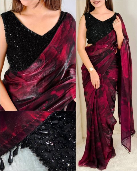 Dazzling Maroon Fandy Satin Saree with Floral Print and Heavy Beads Blouse Designer Wedding Sarees Wholesale
