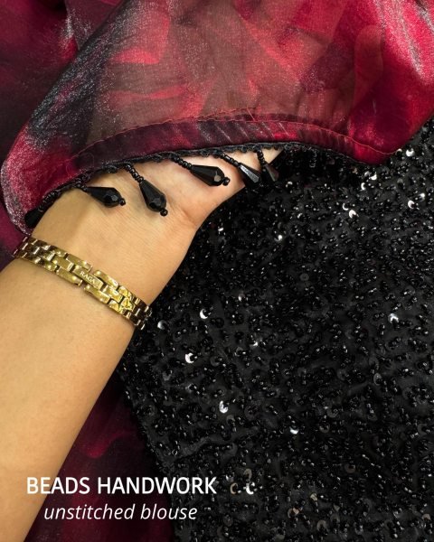 Dazzling Maroon Fandy Satin Saree with Floral Print and Heavy Beads Blouse Designer Wedding Sarees Wholesale