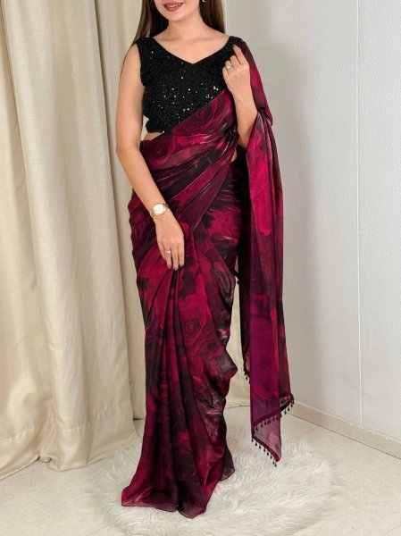 Dazzling Maroon Fandy Satin Saree with Floral Print and Heavy Beads Blouse Designer Wedding Sarees Wholesale