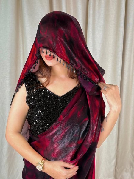 Dazzling Maroon Fandy Satin Saree with Floral Print and Heavy Beads Blouse Designer Wedding Sarees Wholesale