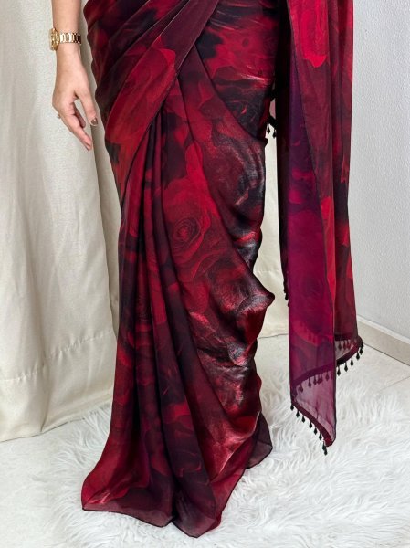 Dazzling Maroon Fandy Satin Saree with Floral Print and Heavy Beads Blouse Designer Wedding Sarees Wholesale