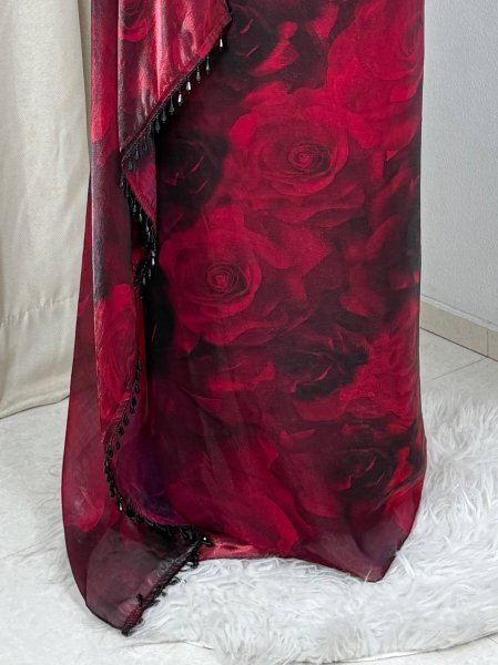 Dazzling Maroon Fandy Satin Saree with Floral Print and Heavy Beads Blouse Designer Wedding Sarees Wholesale