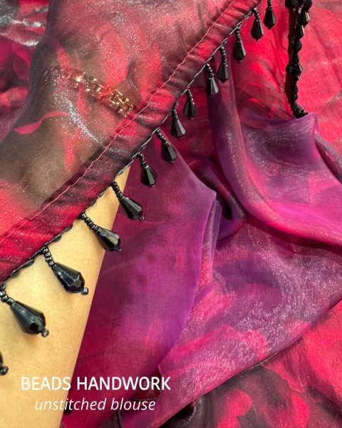 Dazzling Maroon Fandy Satin Saree with Floral Print and Heavy Beads Blouse Designer Wedding Sarees Wholesale