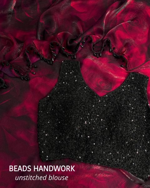 Dazzling Maroon Fandy Satin Saree with Floral Print and Heavy Beads Blouse Designer Wedding Sarees Wholesale