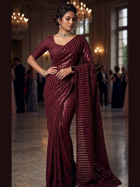 Dazzling Maroon Heavy Full Sequins Saree with Mulberry Silk Blouse at Wholesale Rate 
