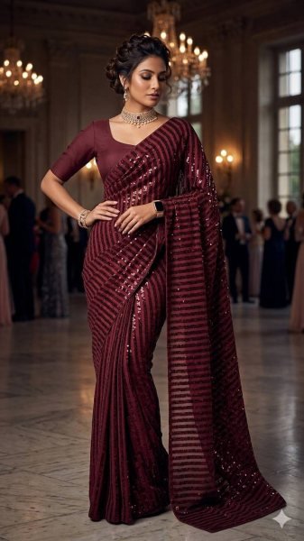 Dazzling Maroon Heavy Full Sequins Saree with Mulberry Silk Blouse at Wholesale Rate Bollywood Fancy Sarees Wholesale