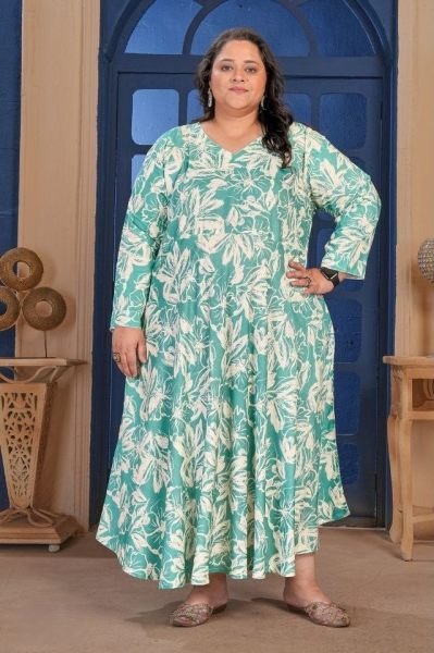 Dazzling Mint Green Elegant Long Rayon Kurti Collection for Curvy Ladies Fashion Plus Size Kurti / Gown