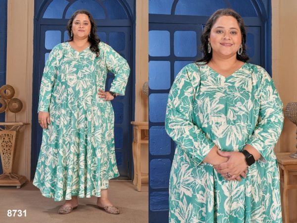 Dazzling Mint Green Elegant Long Rayon Kurti Collection for Curvy Ladies Fashion Plus Size Kurti / Gown