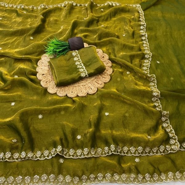 Dazzling Olive Green Space Silk Saree with Designer Cutwork Border at Wholesale Rate Silk Sarees Wholesale