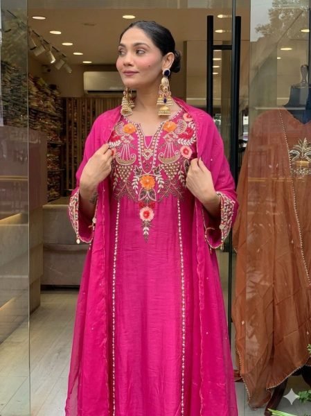 Dazzling P V  Chanderi Kurta Set with Embroidered Dupatta for Festive Wear Embroidery Kurtis 