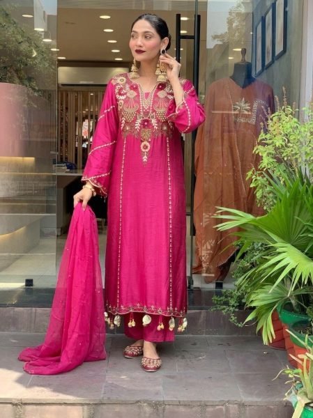 Dazzling P V  Chanderi Kurta Set with Embroidered Dupatta for Festive Wear Embroidery Kurtis 