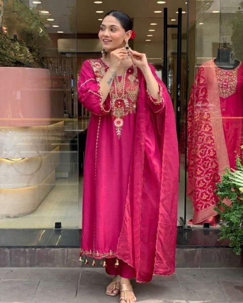 Dazzling P V  Chanderi Kurta Set with Embroidered Dupatta for Festive Wear Embroidery Kurtis 