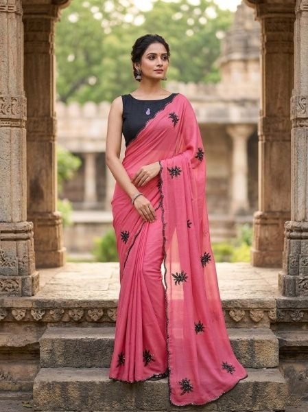 Dazzling Peach Floral Embroidery Georgette Saree with Designer Cut Border Silk Sarees Wholesale