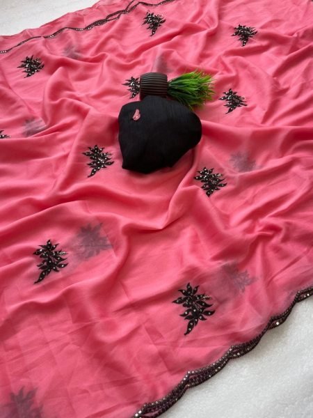 Dazzling Peach Floral Embroidery Georgette Saree with Designer Cut Border Silk Sarees Wholesale