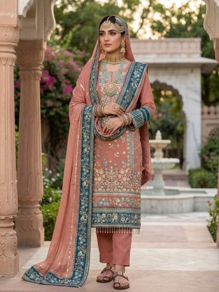 Dazzling Pearl Pink Georgette Kurti Set With Full Embroidery Work At Original Manufacturer Rate Ready To Wear Suit