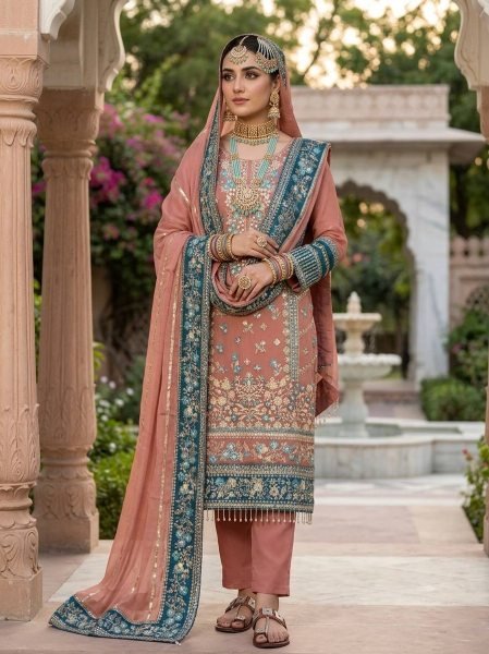 Dazzling Pearl Pink Georgette Kurti Set With Full Embroidery Work At Original Manufacturer Rate Ready To Wear Collection