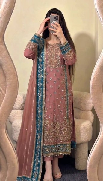 Dazzling Pearl Pink Georgette Kurti Set With Full Embroidery Work At Original Manufacturer Rate Ready To Wear Collection